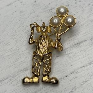 Vintage Gold Tone MCM Fun Clown Faux Pearls Balloons Crystal Brooch Pin